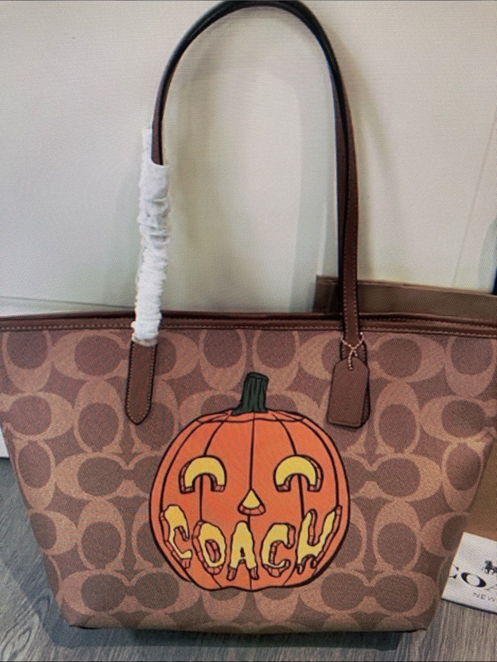 Coach Brown Signature Tote with Orange Pumpkin Graphic